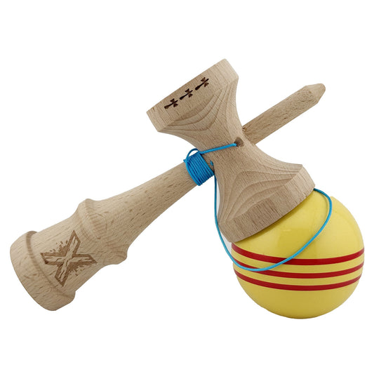 Kendama X Originala, Model Galben cu Linii Rosii, Profesionala, Legendary, Cupe Mari, Super Sticky, Rulment, Ata 55cm