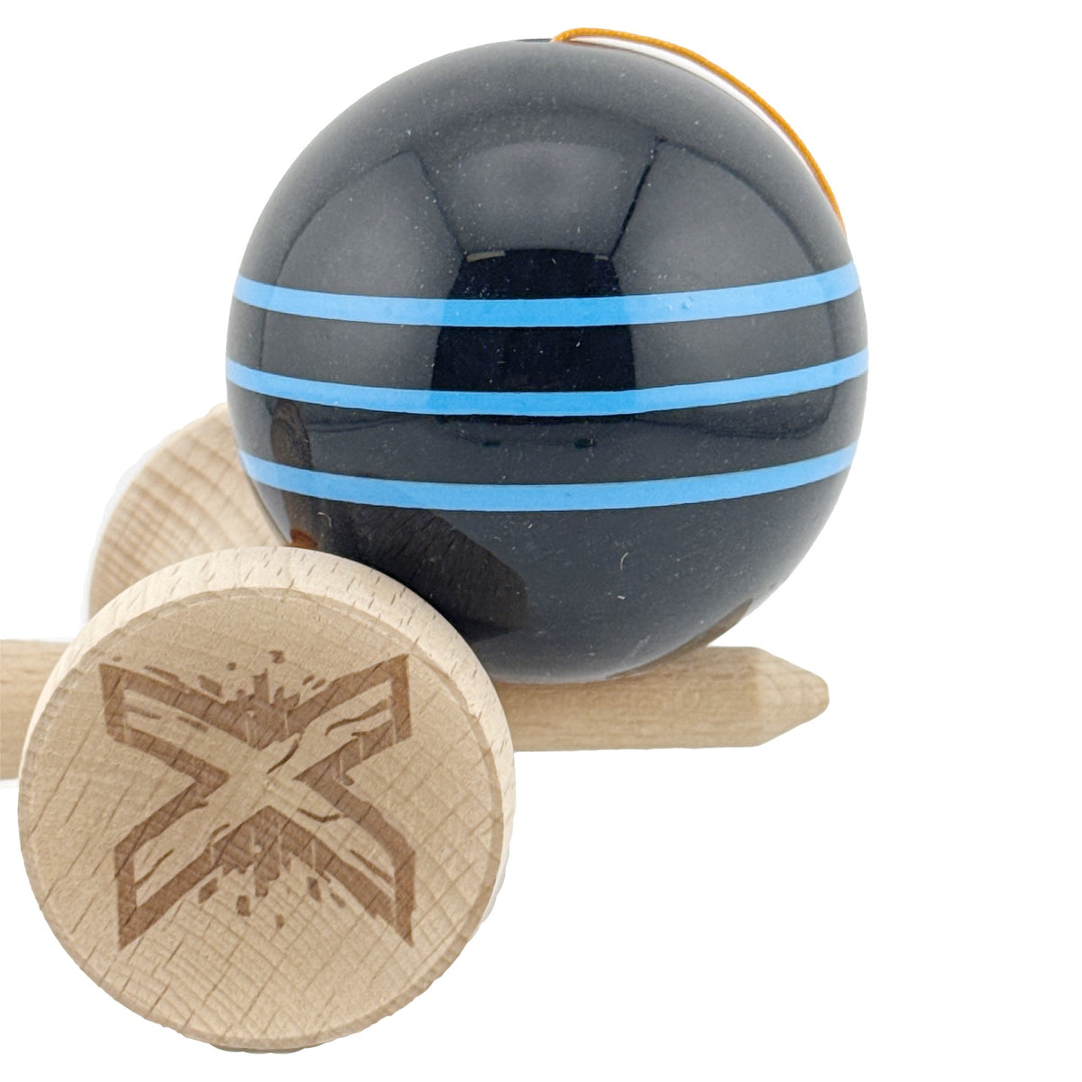 Kendama X Originala, Model Negru cu Linii Albastre Deschise, Profesionala, Legendary, Cupe Mari, Super Sticky, Rulment, Ata 55cm