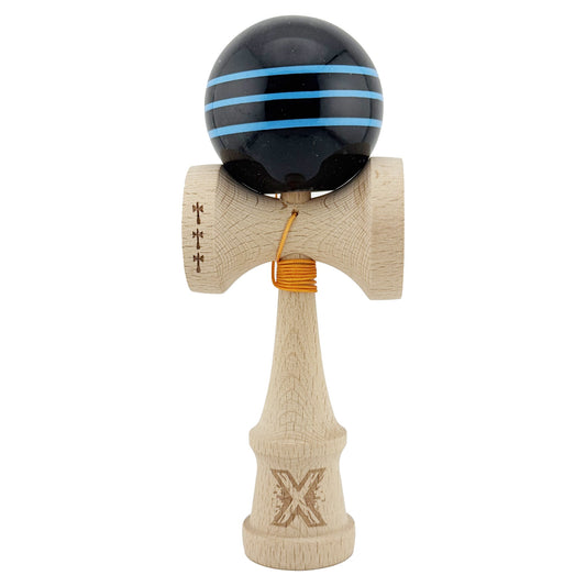 Kendama X Originala, Model Negru cu Linii Albastre Deschise, Profesionala, Legendary, Cupe Mari, Super Sticky, Rulment, Ata 55cm