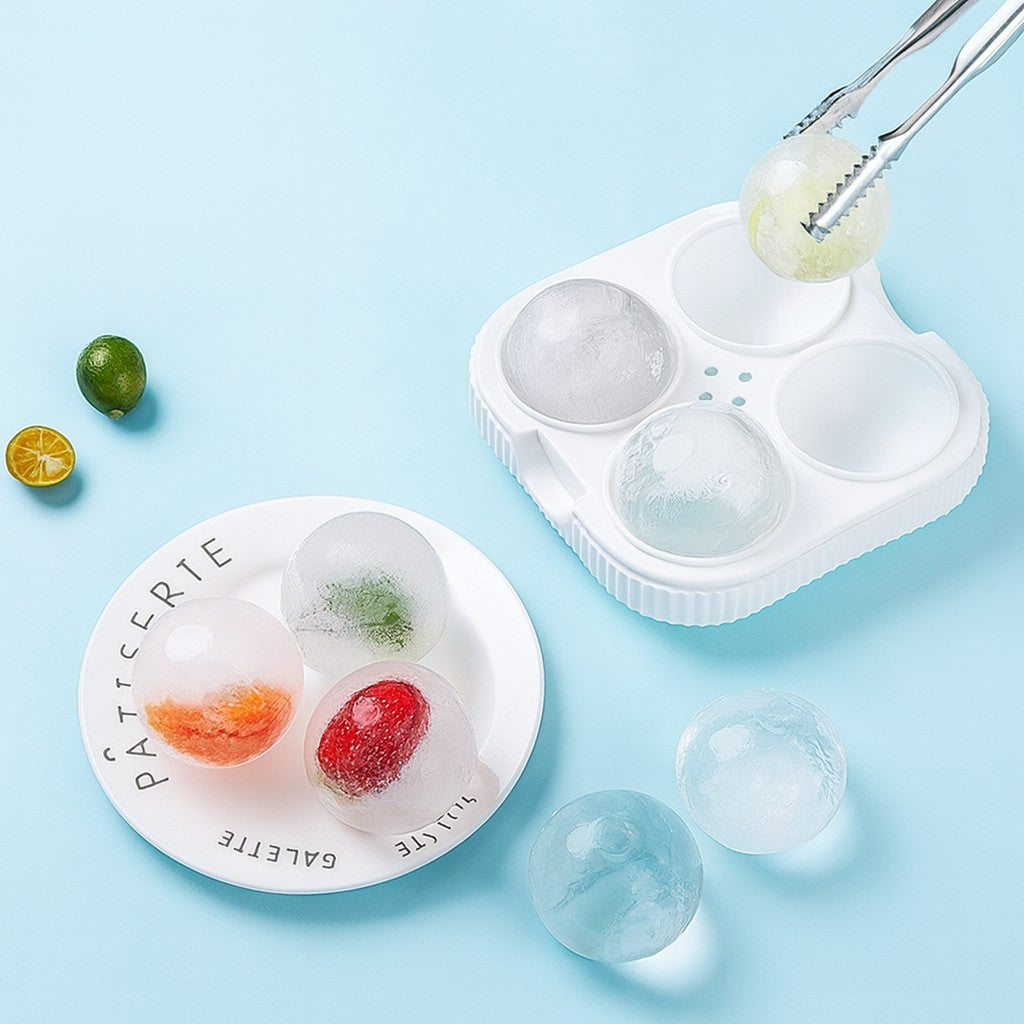 Forma pentru Sfere de Gheata Mari, Matrita 4 Cuburi Rotunde, Orificiu Tip Palnie pentru Whisky si Cocktail-uri, Plastic si Silicon Alimentar, Diametru 6.5 cm, Alb