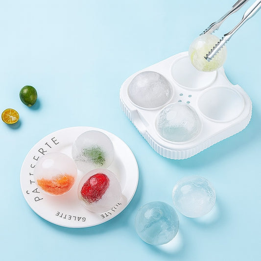Forma pentru Sfere de Gheata Mari, Matrita 4 Cuburi Rotunde, Orificiu Tip Palnie pentru Whisky si Cocktail-uri, Plastic si Silicon Alimentar, Diametru 6.5 cm, Alb