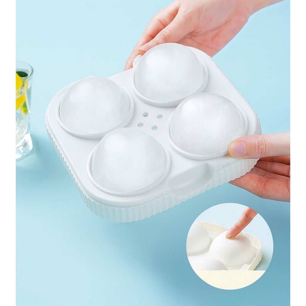 Forma pentru Sfere de Gheata Mari, Matrita 4 Cuburi Rotunde, Orificiu Tip Palnie pentru Whisky si Cocktail-uri, Plastic si Silicon Alimentar, Diametru 6.5 cm, Alb