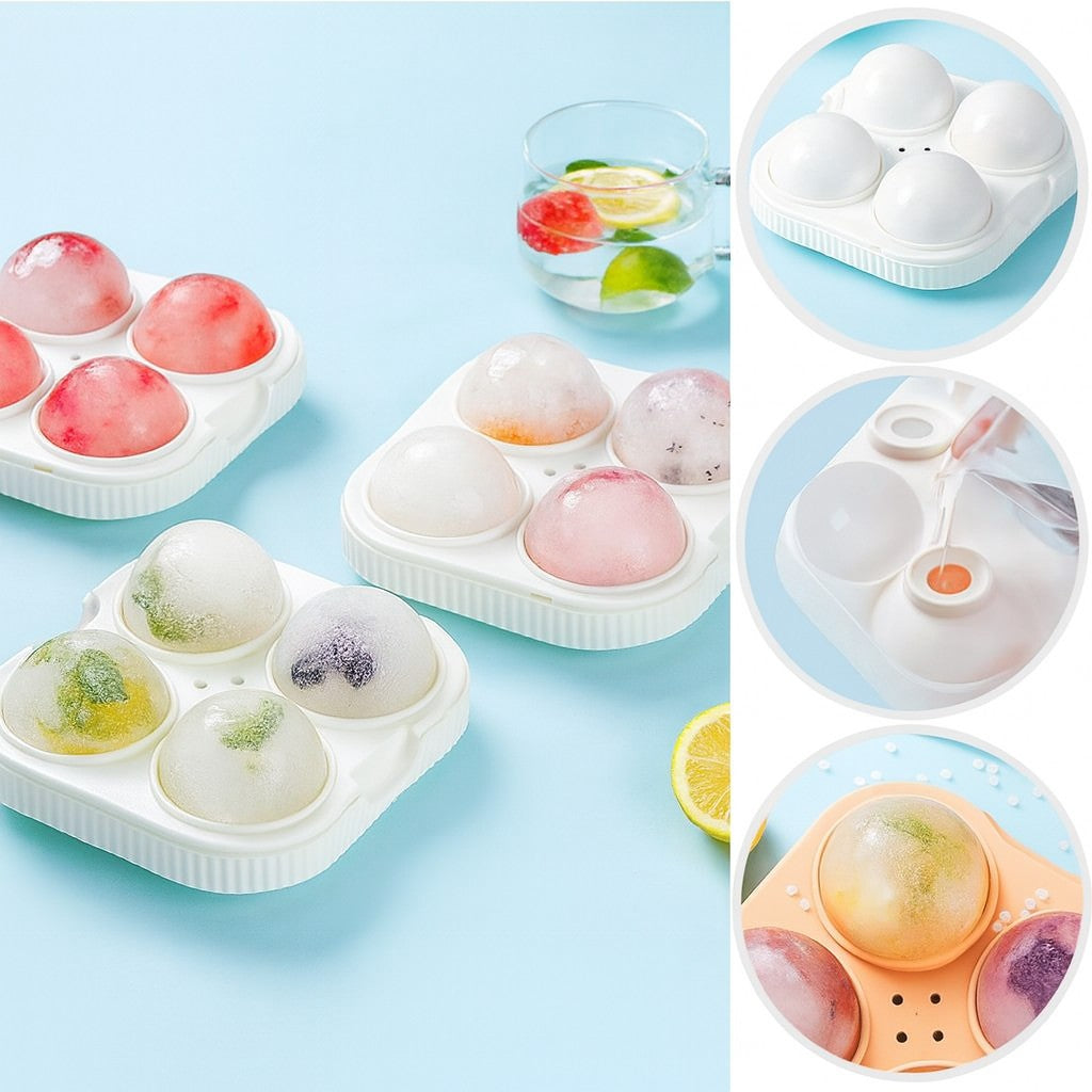 Forma pentru Sfere de Gheata Mari, Matrita 4 Cuburi Rotunde, Orificiu Tip Palnie pentru Whisky si Cocktail-uri, Plastic si Silicon Alimentar, Diametru 6.5 cm, Alb