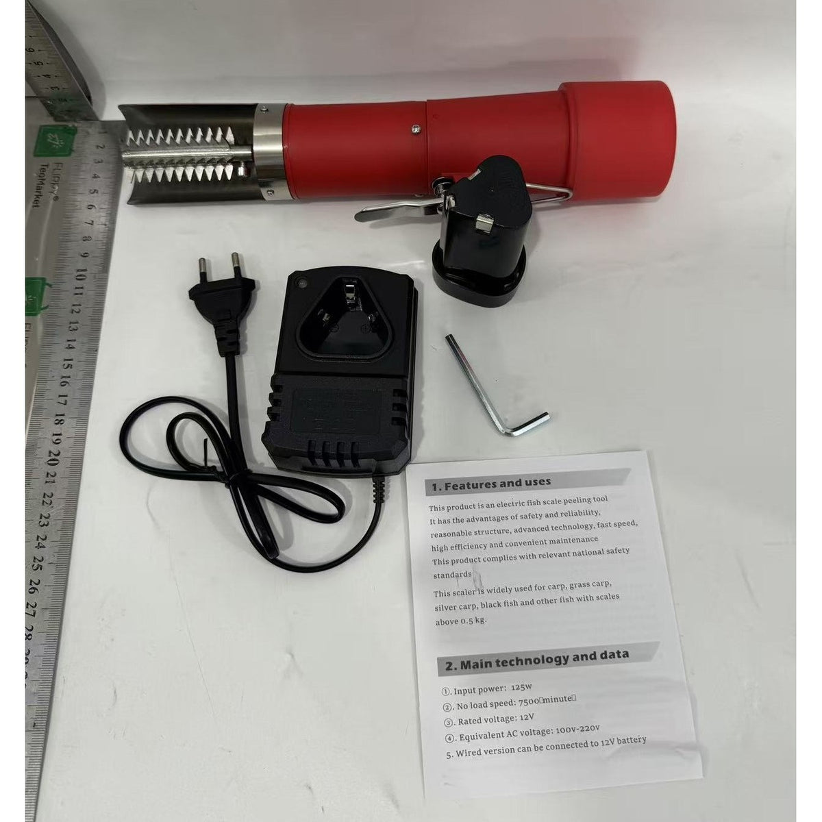 Aparat Electric de Curățare Solzi Pește, Dispozitiv Portabil Fără Fir, Impermeabil cu Încărcare Wireless, Motor 98W, Lamă Oțel Inoxidabil 304, 28 x 5 cm, Roșu