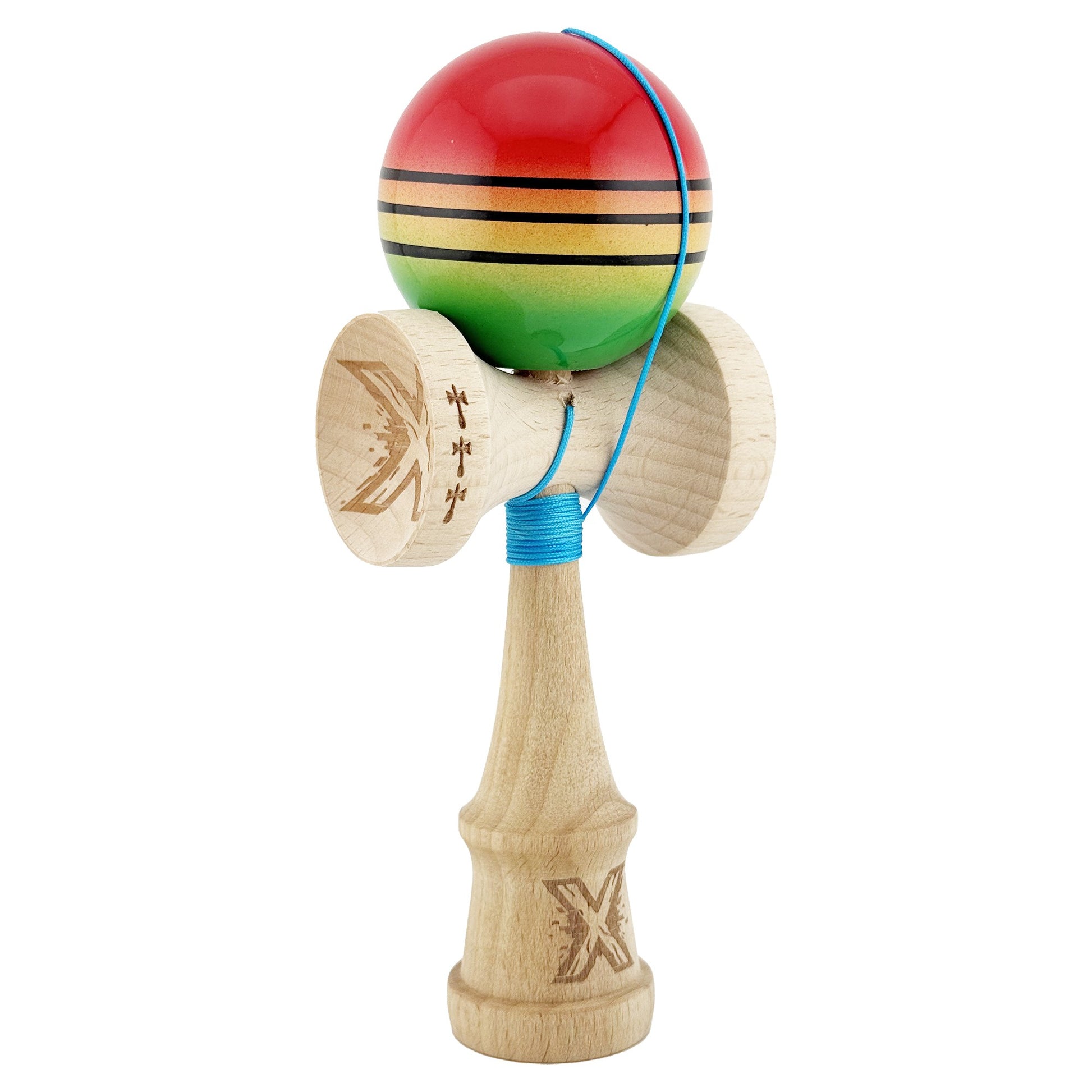Kendama X Originala, Model Rosu / Galben / Verde in Degrade, Profesionala, Legendary, Cupe Mari, Super Sticky, Rulment, Ata 55cm