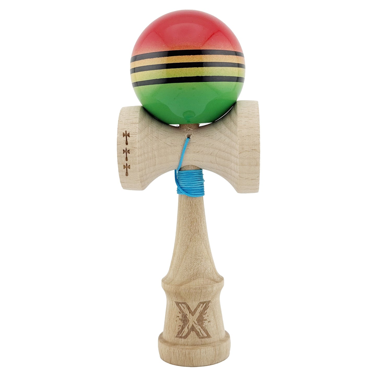 Kendama X Originala, Model Rosu / Galben / Verde in Degrade, Profesionala, Legendary, Cupe Mari, Super Sticky, Rulment, Ata 55cm
