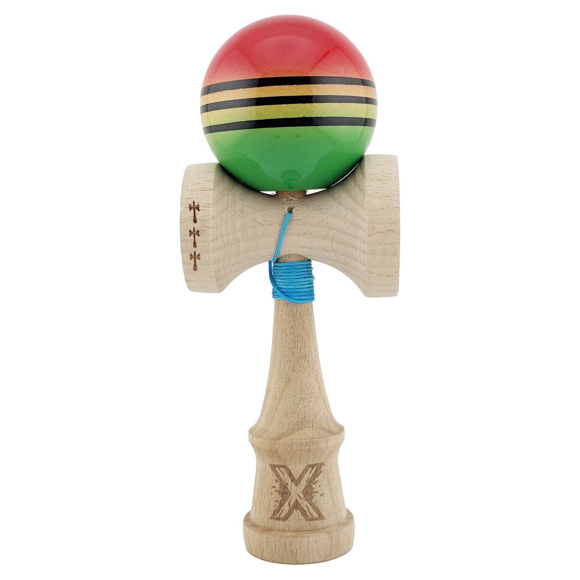 Kendama X Originala, Model Rosu / Galben / Verde in Degrade, Profesionala, Legendary, Cupe Mari, Super Sticky, Rulment, Ata 55cm