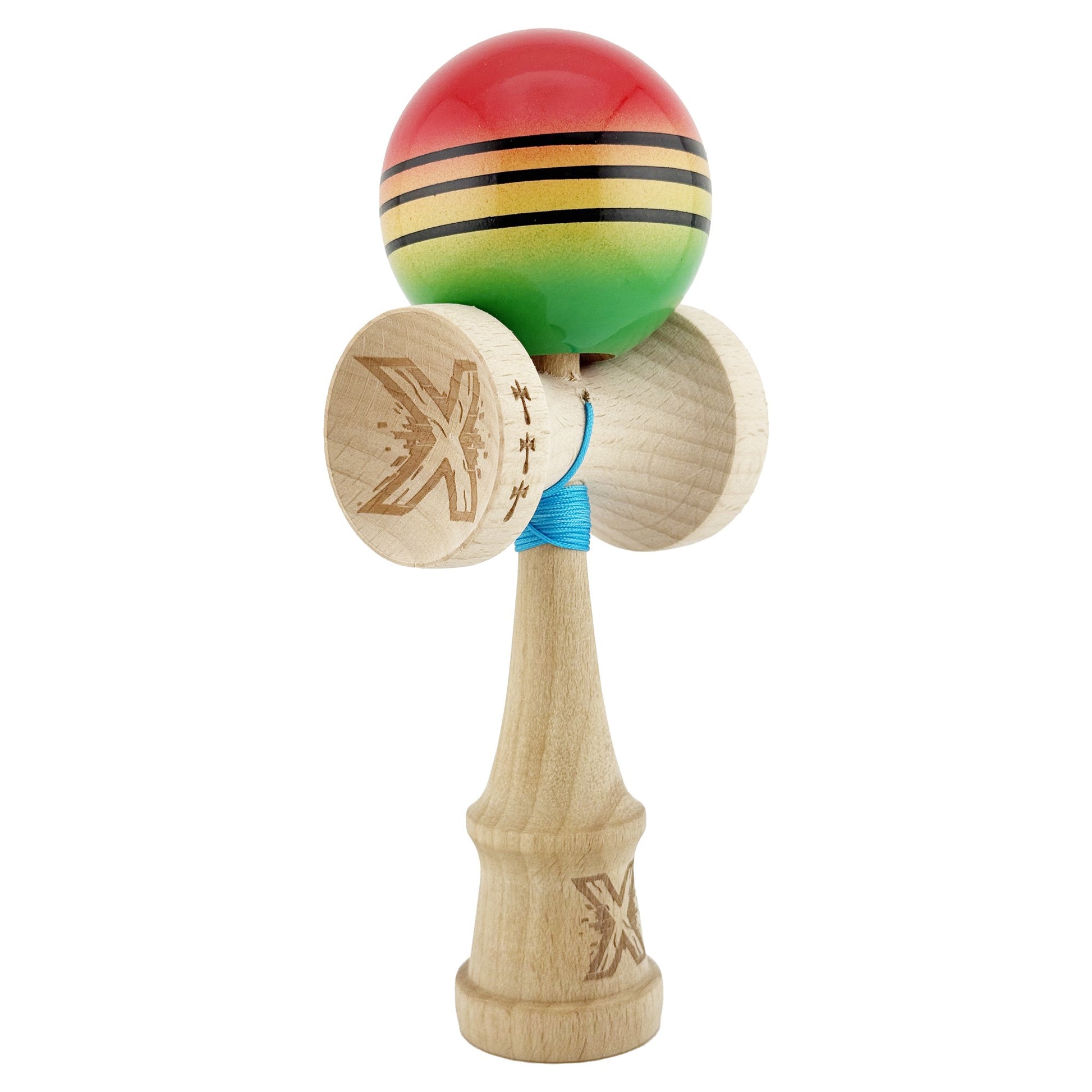 Kendama X Originala, Model Rosu / Galben / Verde in Degrade, Profesionala, Legendary, Cupe Mari, Super Sticky, Rulment, Ata 55cm