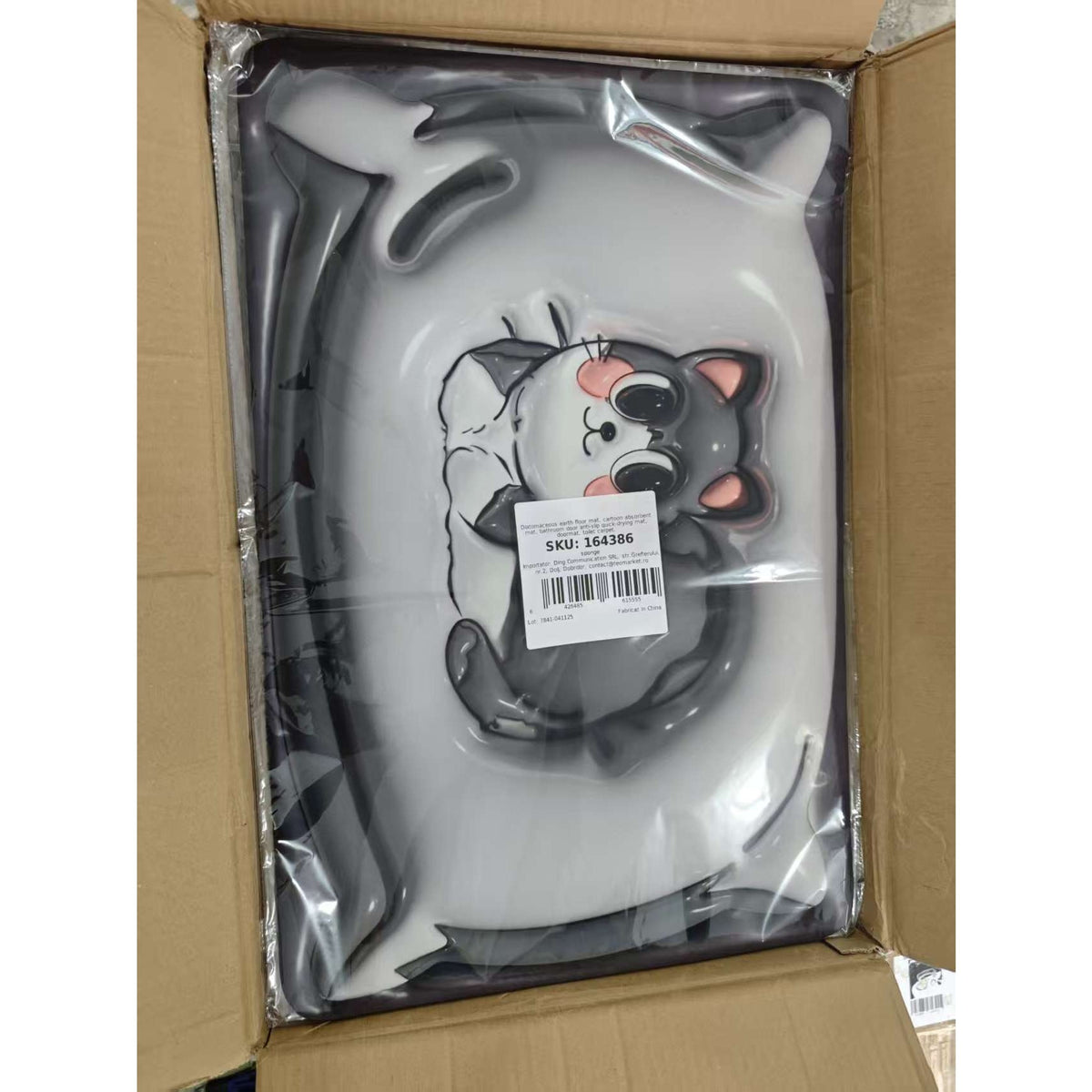 Covor de Baie Absorbant, Model 3D Pisica, Spuma Moale cu Strat Antiderapant, PVC si Cauciuc, 40 x 60 cm, Gri