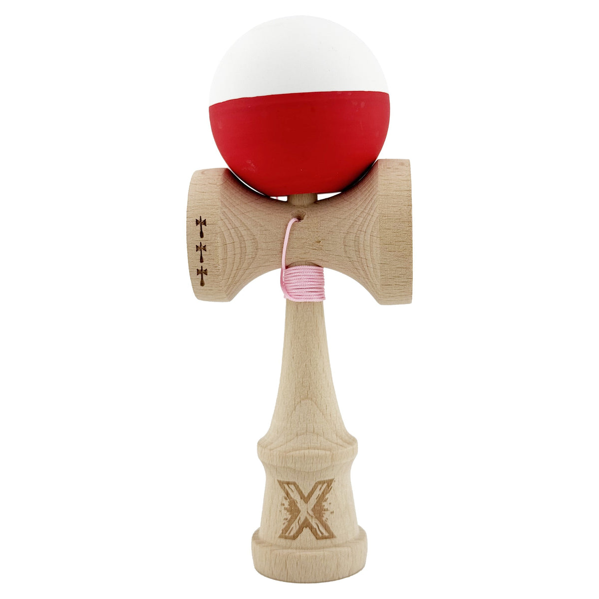 Kendama X Originala, Model Alb / Rosu in Degrade, Profesionala, Cupe Mari, Rubber Grip, Rulment, Ata 55cm