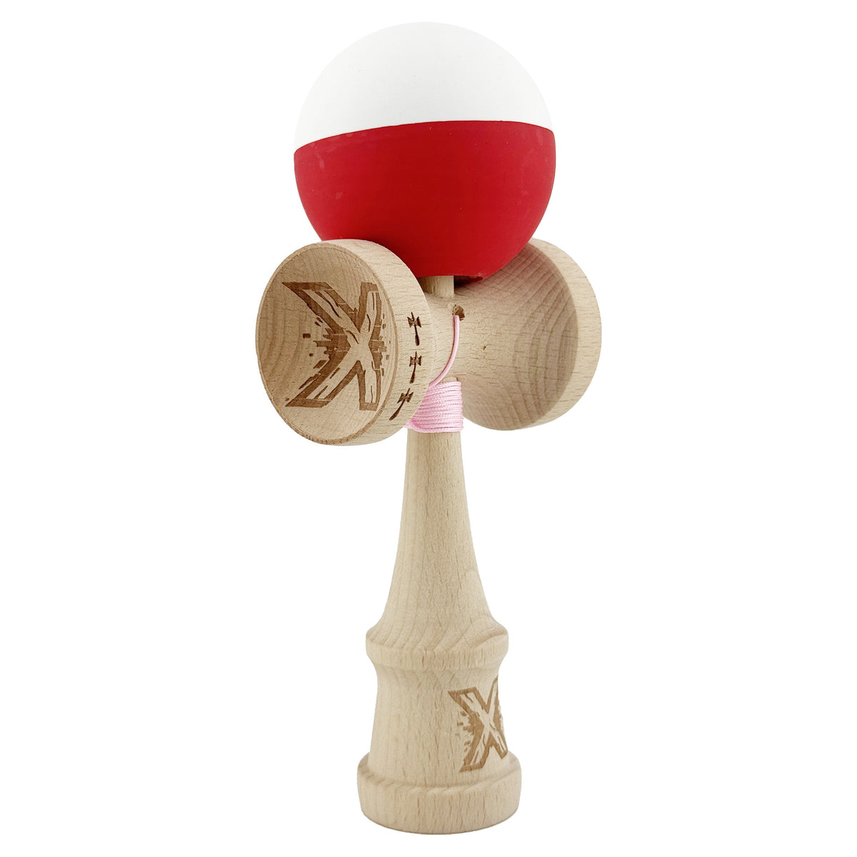 Kendama X Originala, Model Alb / Rosu in Degrade, Profesionala, Cupe Mari, Rubber Grip, Rulment, Ata 55cm
