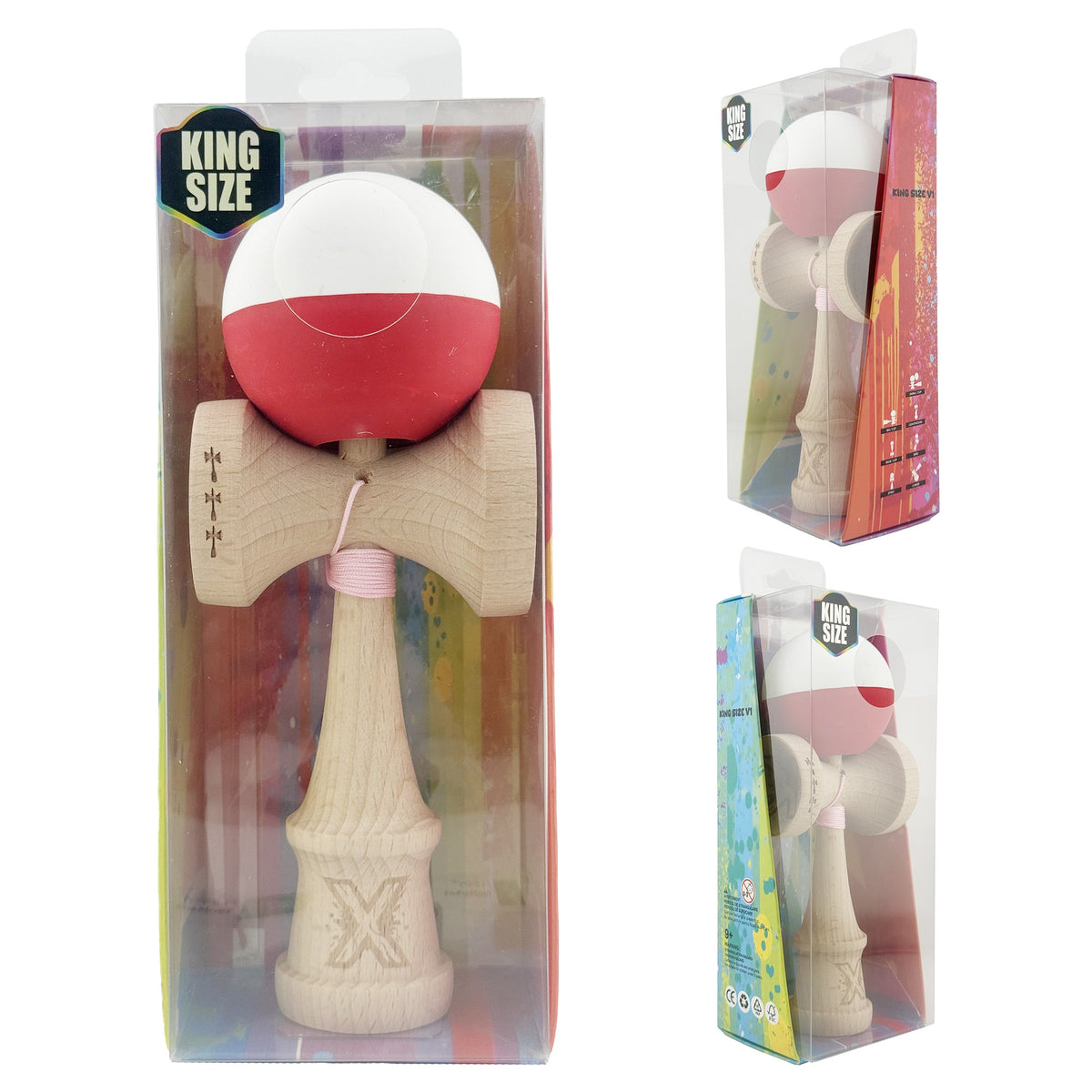 Kendama X Originala, Model Alb / Rosu in Degrade, Profesionala, Cupe Mari, Rubber Grip, Rulment, Ata 55cm