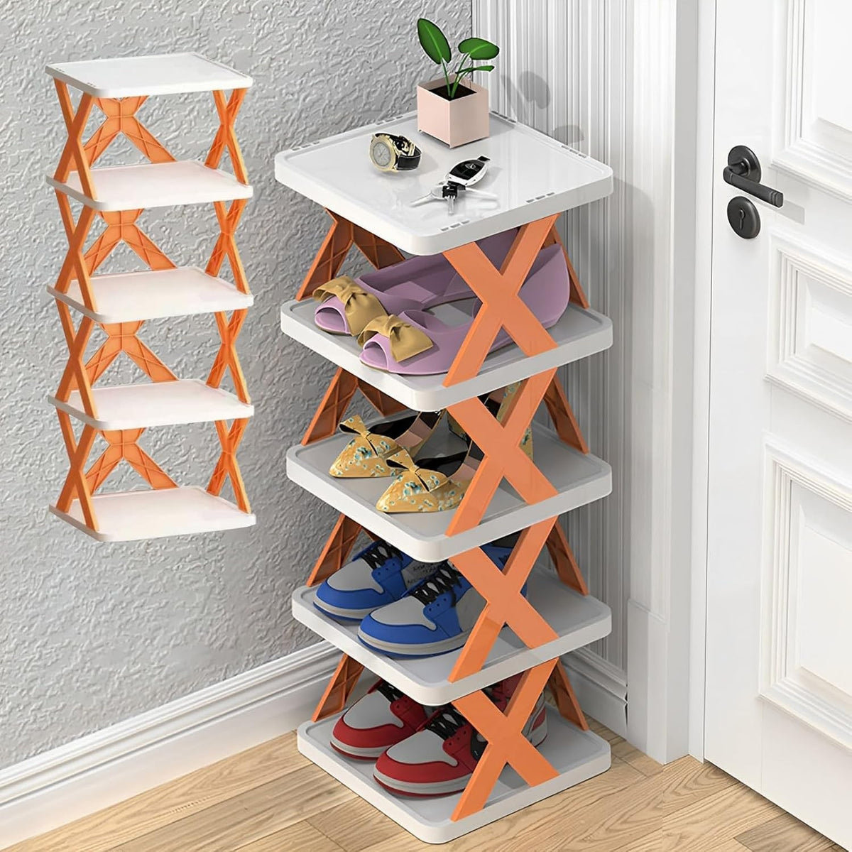 Organizator Pantofi, Suport Modular Stivuibil cu 5 Niveluri, Structura Stabila din ABS, Design Compact pentru Spatii Inguiste, 65.5 x 24 x 26 cm, Portocaliu