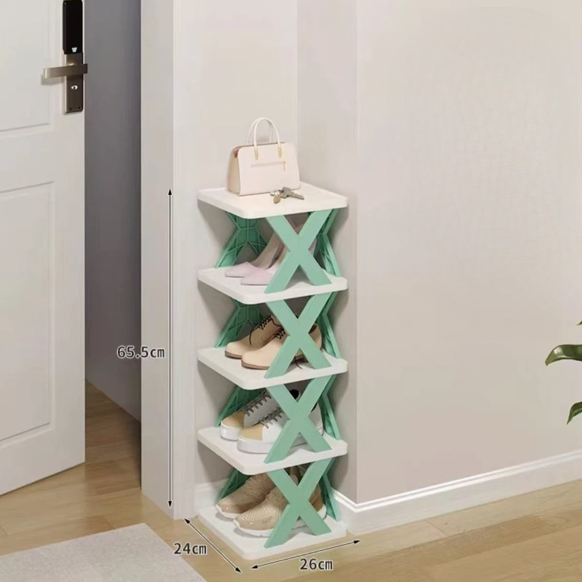 Organizator Pantofi, Suport Modular Stivuibil cu 5 Niveluri, Design Compact si Structura Stabilă in X, ABS, 65.5 x 24 x 26 cm, Turcoaz