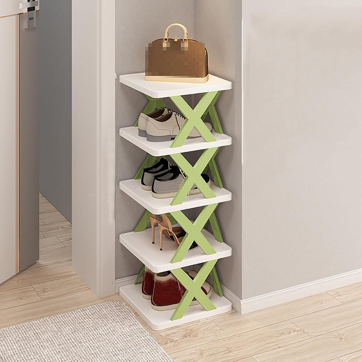 Organizator Pantofi, Suport Modular Stivuibil cu 5 Niveluri, Design Compact si Structura Stabilă in X, ABS, 65.5 x 24 x 26 cm, Verde
