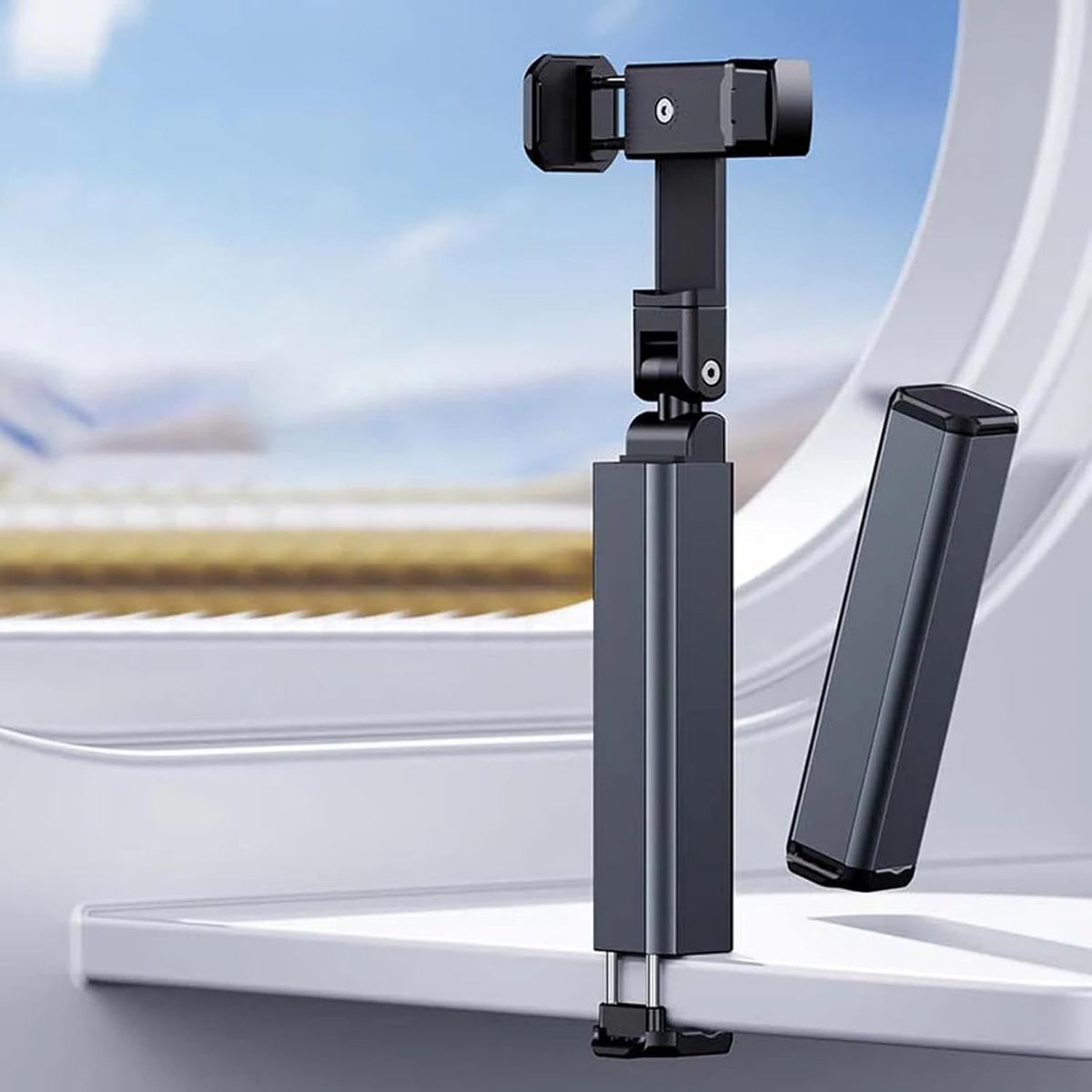 Suport Telefon Mobil, Braț Telescopic și Rotativ 360 Grade, Clemă de Prindere Universală, Design Pliabil pentru Birou și Avion, Plastic, Negru