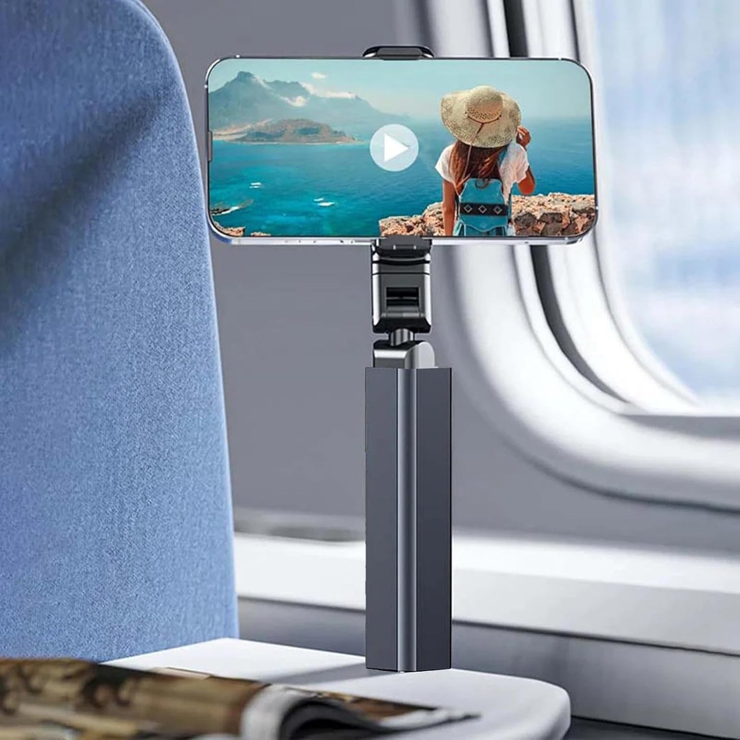Suport Telefon Mobil, Braț Telescopic și Rotativ 360 Grade, Clemă de Prindere Universală, Design Pliabil pentru Birou și Avion, Plastic, Negru
