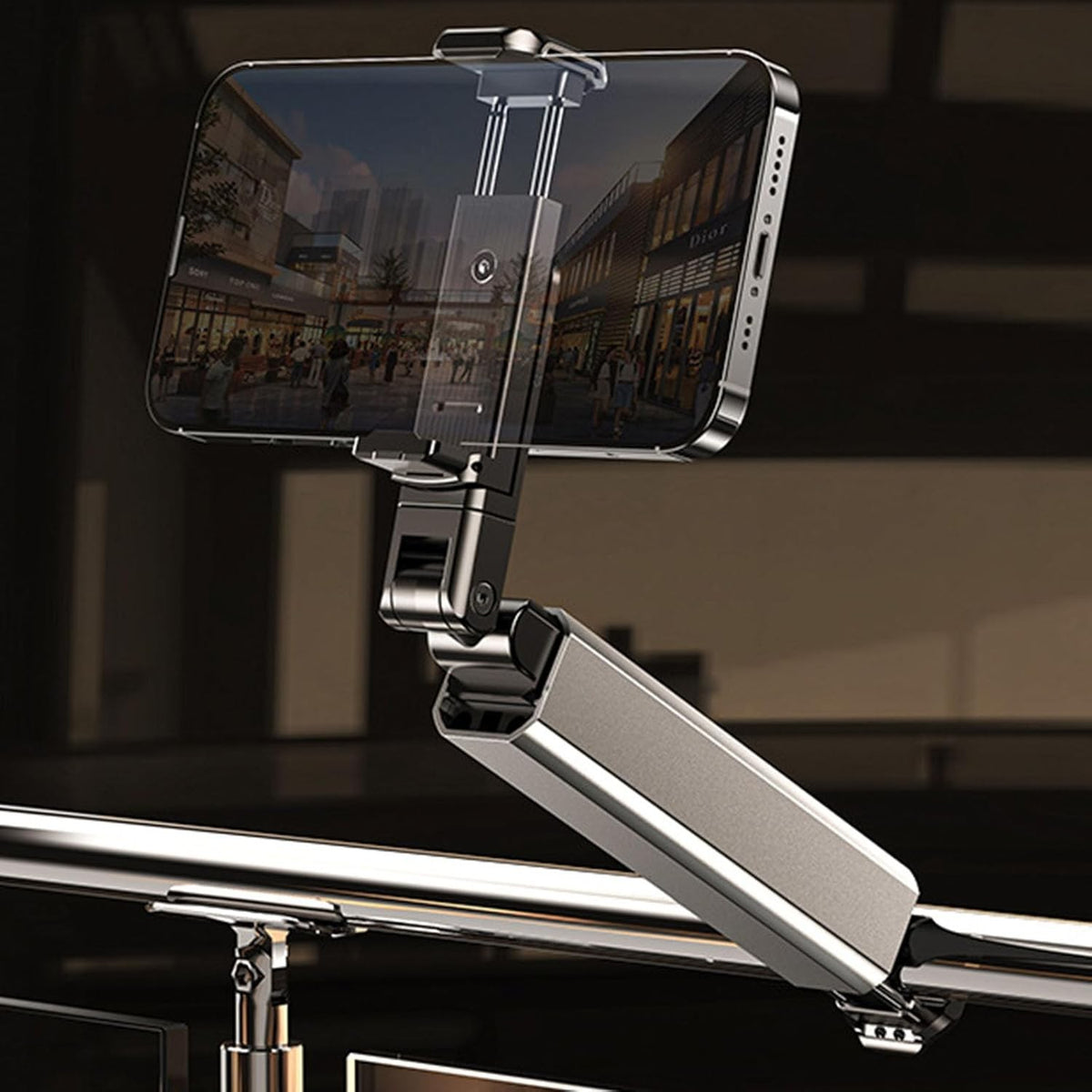 Suport Telefon Mobil, Brat Telescopic si Rotire 360 Grade, Clema Prindere Masa sau Avion, Pliabil si Portabil, Plastic, Gri