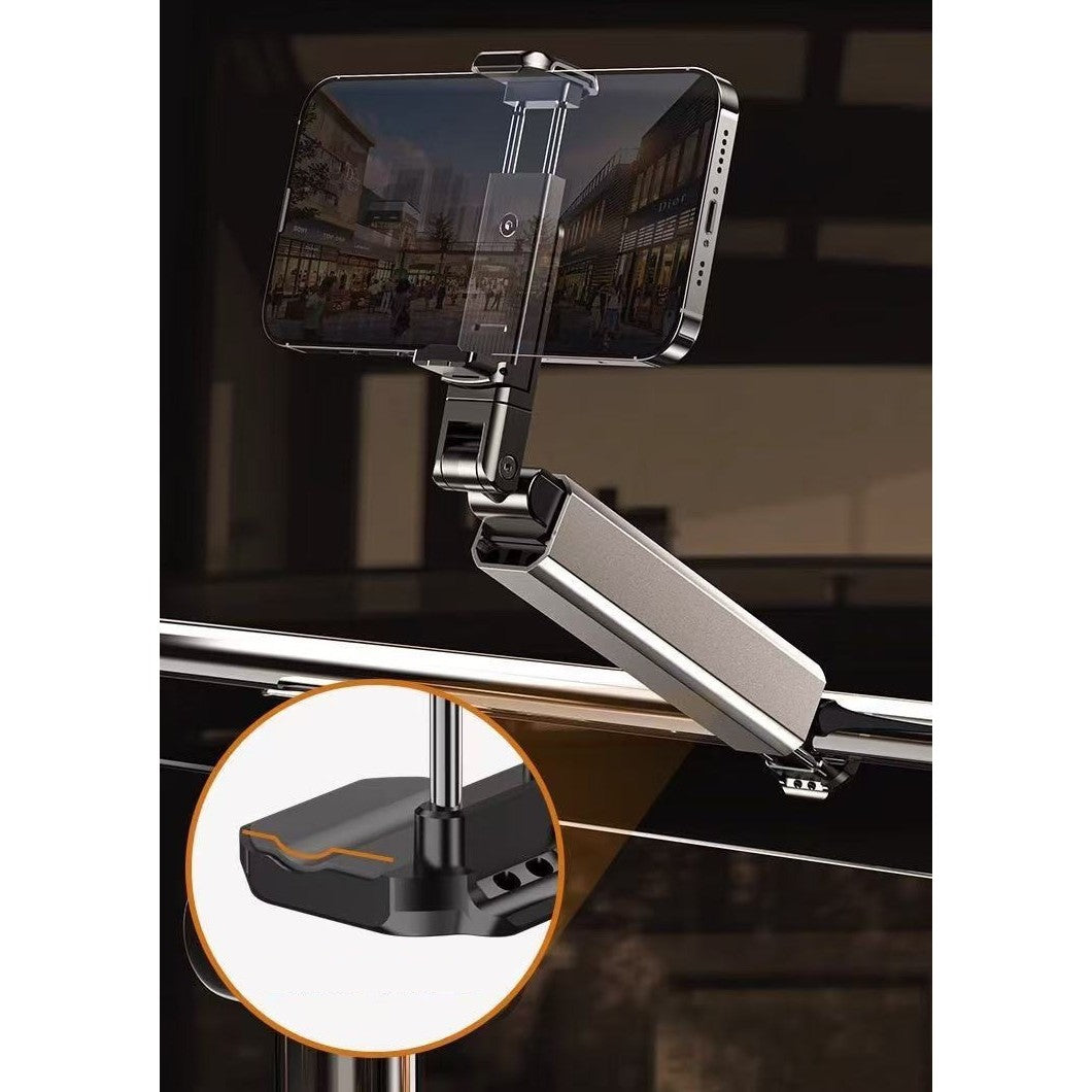 Suport Telefon Mobil, Brat Telescopic si Rotire 360 Grade, Clema Prindere Masa sau Avion, Pliabil si Portabil, Plastic, Gri