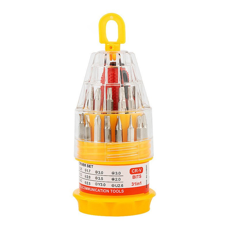 Set de Surubelnite 31-in-1 cu Clichet, Trusa pentru Reparatii Electronice si Uz Casnic, Varfuri Magnetice, Maner Ergonomic Antiderapant, Otel si Plastic, 10 x 5 x 5 cm, Galben