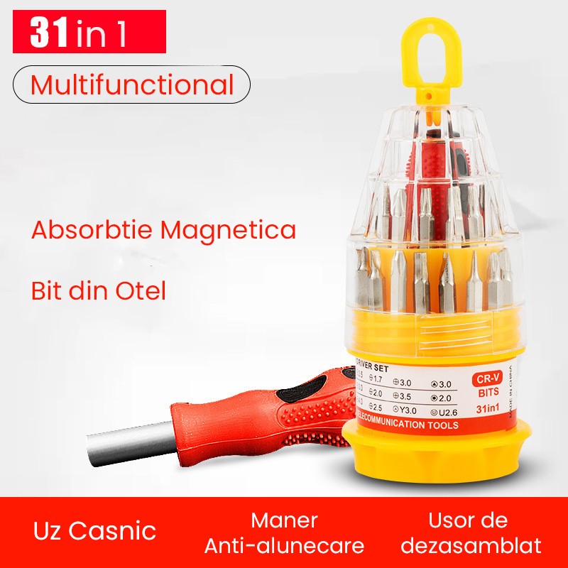Set de Surubelnite 31-in-1 cu Clichet, Trusa pentru Reparatii Electronice si Uz Casnic, Varfuri Magnetice, Maner Ergonomic Antiderapant, Otel si Plastic, 10 x 5 x 5 cm, Galben