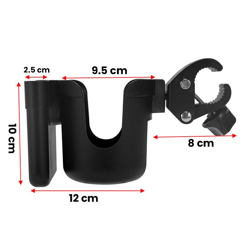 Suport Universal 2 in 1 pentru Pahar si Telefon, Fixare pe Bara cu Rotire 360 Grade, Compatibil cu Carucior si Bicicleta, Plastic ABS, 20 x 10 x 9.5 cm, Negru