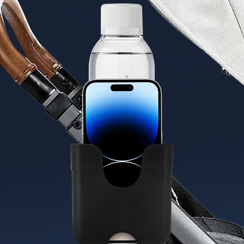 Suport Universal 2 in 1 pentru Pahar si Telefon, Fixare pe Bara cu Rotire 360 Grade, Compatibil cu Carucior si Bicicleta, Plastic ABS, 20 x 10 x 9.5 cm, Negru