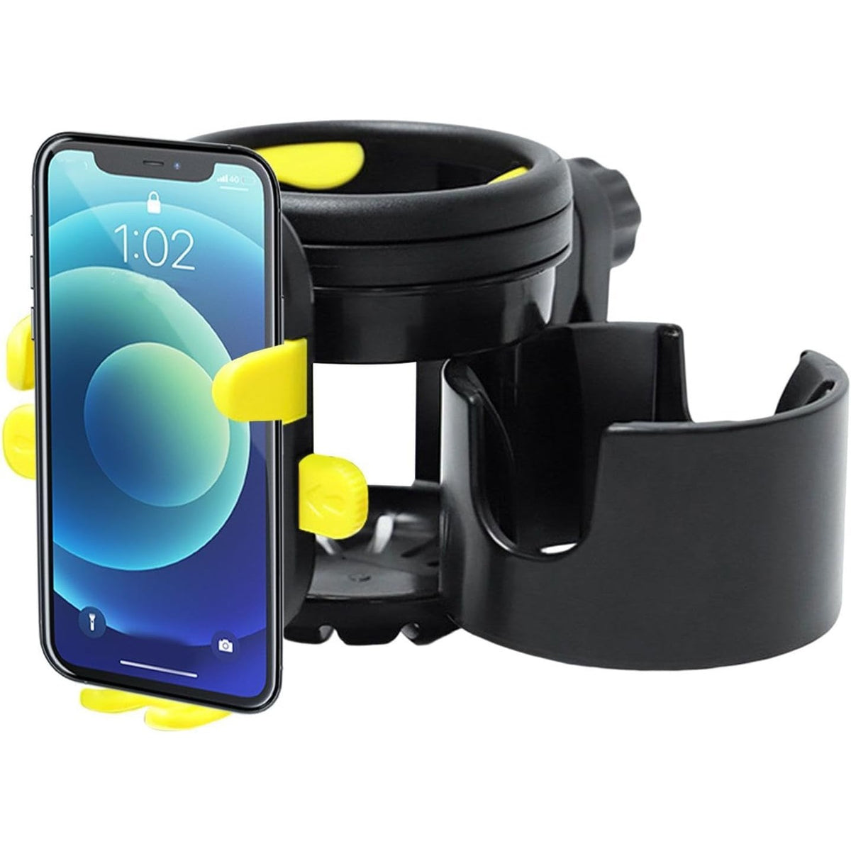 Suport Universal 3in1 pentru Cărucior și Bicicletă, 2 Suporturi Pahare și Suport Telefon, Rotire 360 Grade, ABS, Negru/Galben