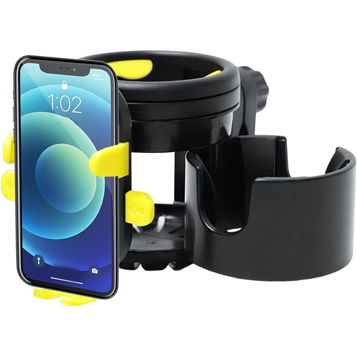 Suport Universal 3in1 pentru Cărucior și Bicicletă, 2 Suporturi Pahare și Suport Telefon, Rotire 360 Grade, ABS, Negru/Galben