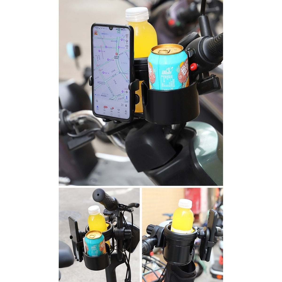 Suport Universal 3in1 pentru Carucior, Bicicleta si Masina, 2 Suporturi Pahare si 1 Suport Telefon, Rotire 360 Grade, ABS, Negru