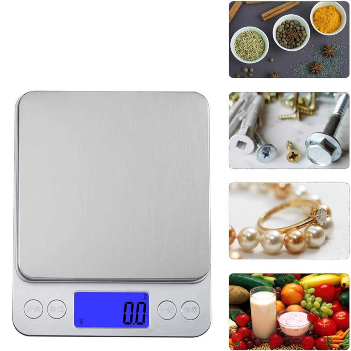 Mini Cantar Electronic, de Bucatarie si Bijuterii, Precizie Inalta cu Afisaj Digital, Capacitate 3 kg, Alimentare 2 x AA, 12.7 x 10.6 x 1.9 cm, Gri