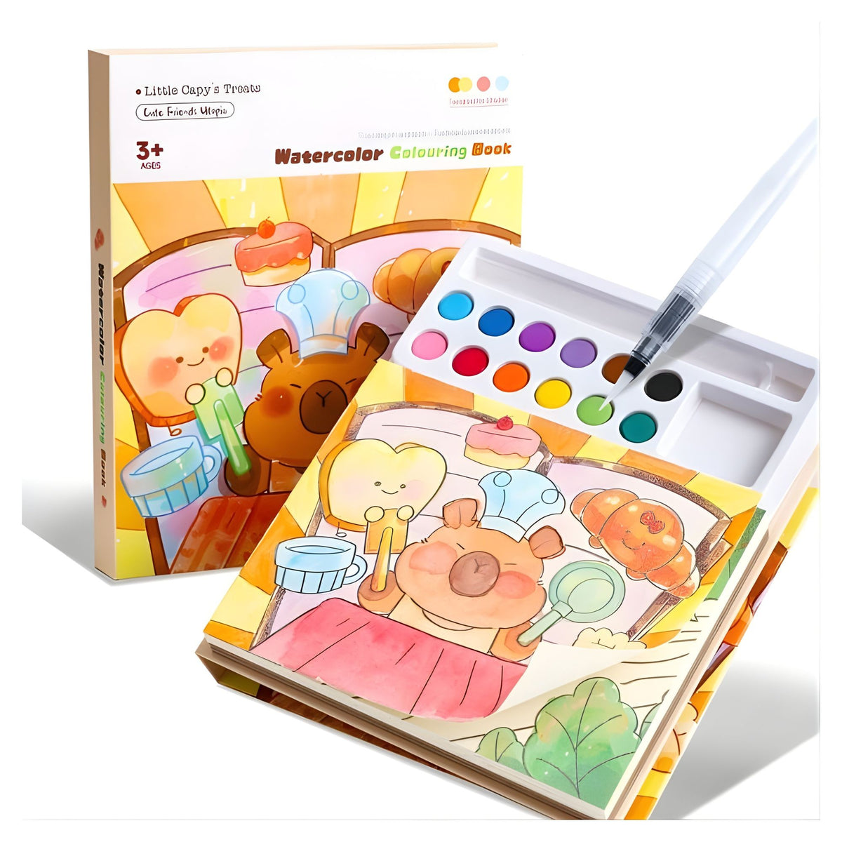 Carte de Colorat cu Acuarela, Model Capibara, Set Creativ cu Pensula si 12 Culori, 20 Foi Carton 200 gsm, 15.7 x 18.8 x 1.8 cm, Maro