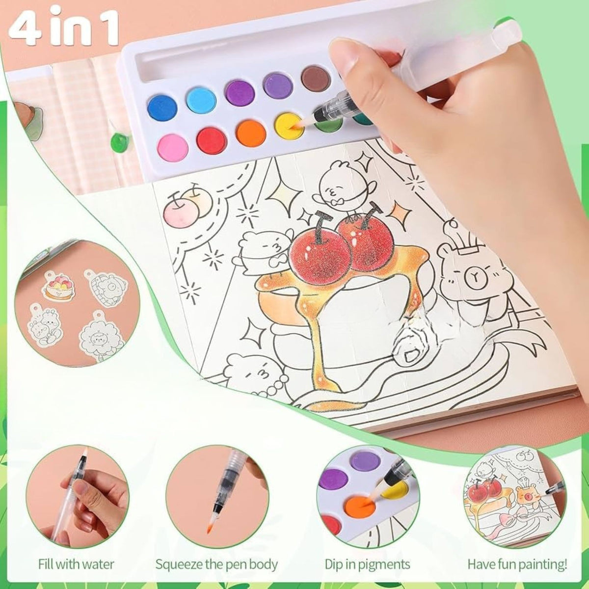 Carte de Colorat cu Acuarela, Model Capibara, Set Creativ cu Pensula si 12 Culori, 20 Foi Carton 200 gsm, 15.7 x 18.8 x 1.8 cm, Maro