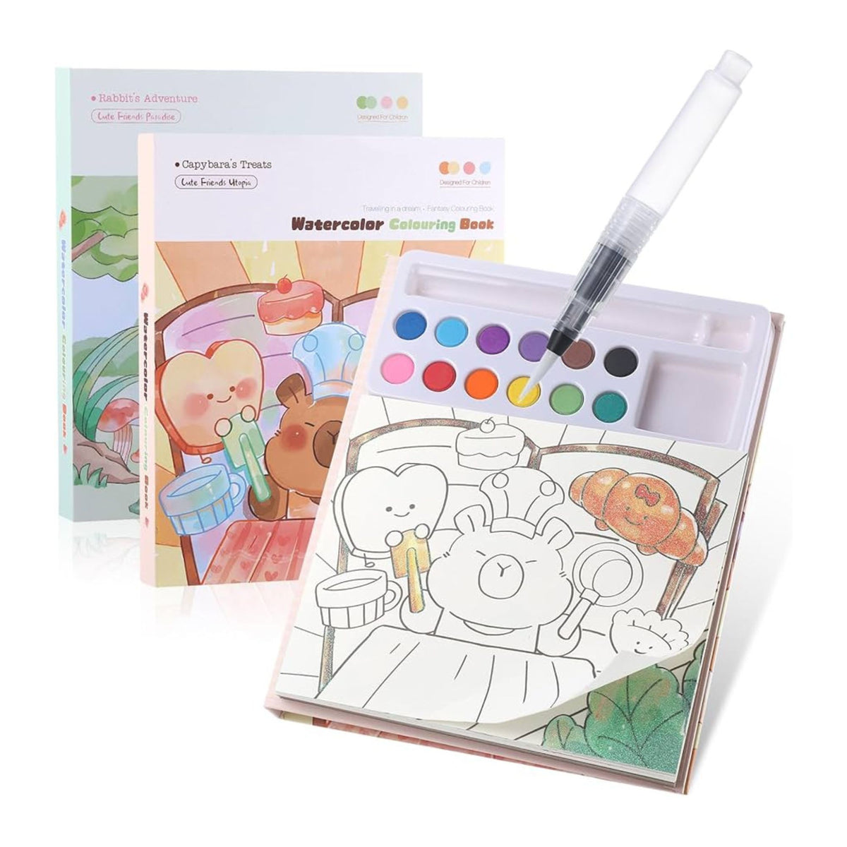 Carte de Colorat cu Acuarela, Model Capibara, Set Creativ cu Pensula si 12 Culori, 20 Foi Carton 200 gsm, 15.7 x 18.8 x 1.8 cm, Maro