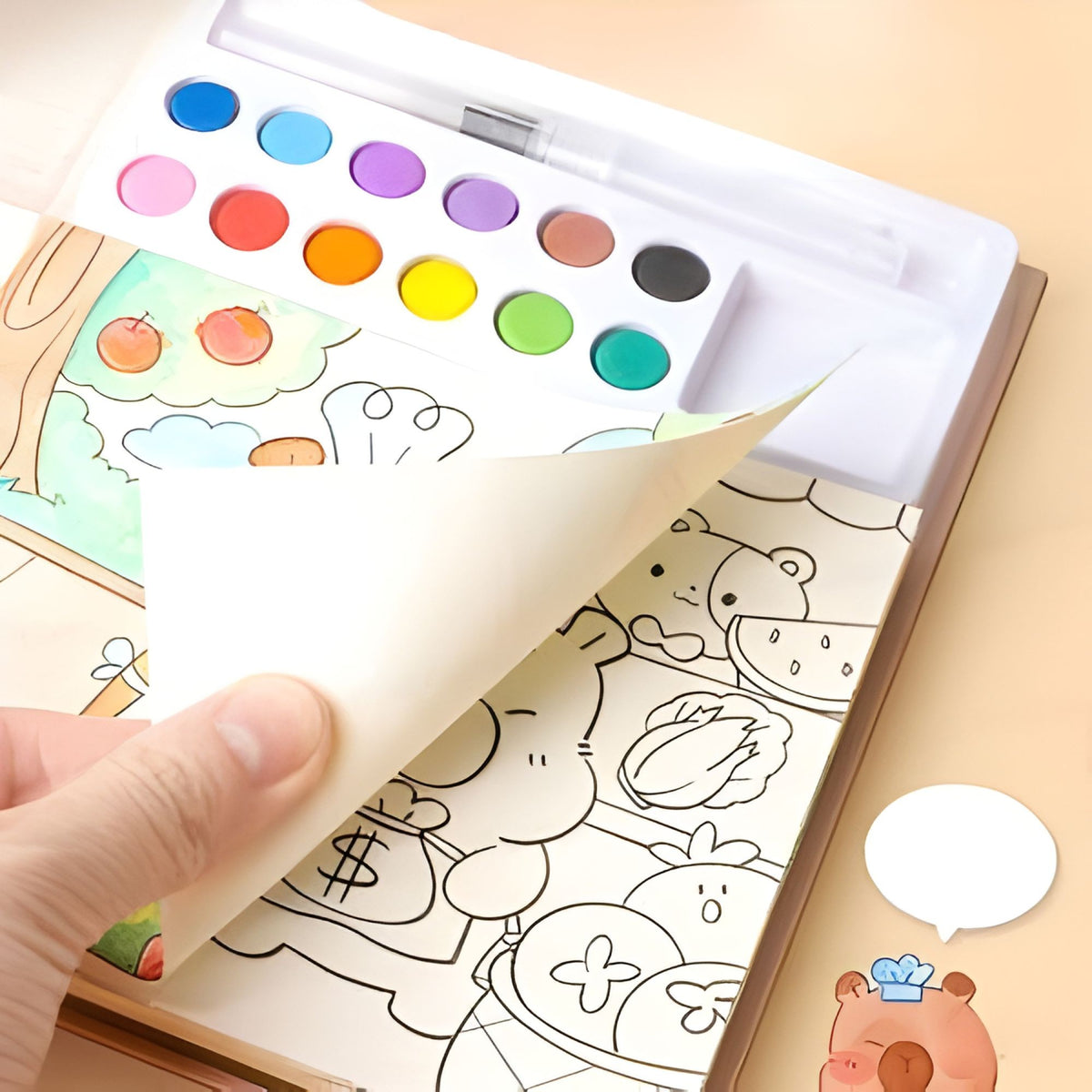 Carte de Colorat cu Acuarela, Model Capibara, Set Creativ cu Pensula si 12 Culori, 20 Foi Carton 200 gsm, 15.7 x 18.8 x 1.8 cm, Maro