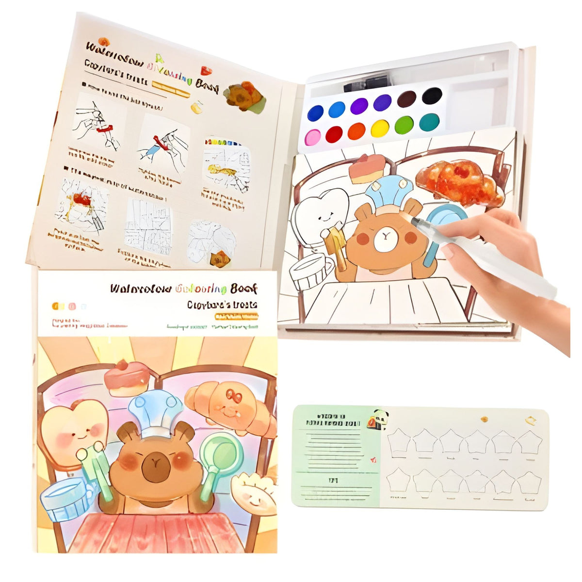 Carte de Colorat cu Acuarela, Model Capibara, Set Creativ cu Pensula si 12 Culori, 20 Foi Carton 200 gsm, 15.7 x 18.8 x 1.8 cm, Maro