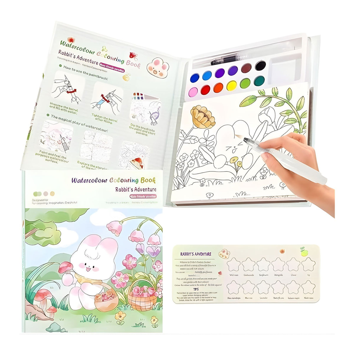 Carte de Colorat cu Acuarela, Model Iepure, Set Creativ cu 12 Culori si Pensula cu Rezervor, Carton Gros 200 gsm, 20 Foi, 15.7 x 18.8 x 1.8 cm, Alb/Gri