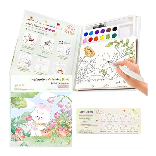 Carte de Colorat cu Acuarela, Model Iepure, Set Creativ cu 12 Culori si Pensula cu Rezervor, Carton Gros 200 gsm, 20 Foi, 15.7 x 18.8 x 1.8 cm, Alb/Gri