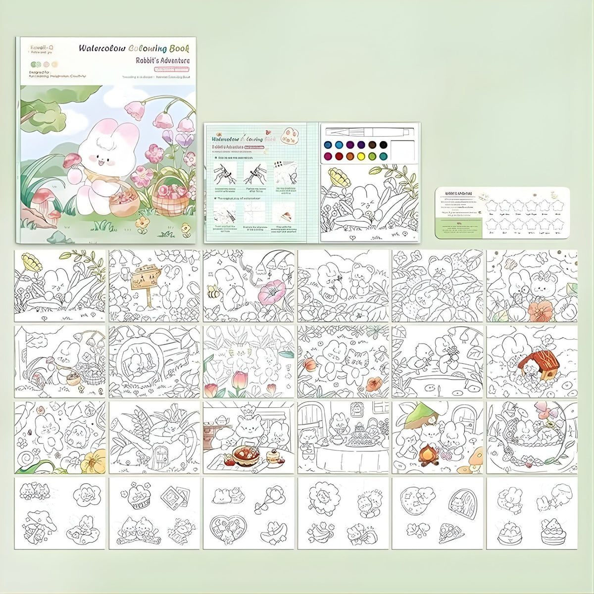 Carte de Colorat cu Acuarela, Model Iepure, Set Creativ cu 12 Culori si Pensula cu Rezervor, Carton Gros 200 gsm, 20 Foi, 15.7 x 18.8 x 1.8 cm, Alb/Gri