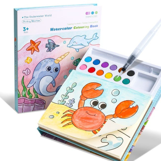 Carte de Colorat cu Acuarela pentru Copii si Incepatori, Model Balena, 20 Foi Carton 200 gsm, Include 12 Culori si Pensula cu Rezervor, 15.7 x 18.8 x 1.8 cm, Albastru