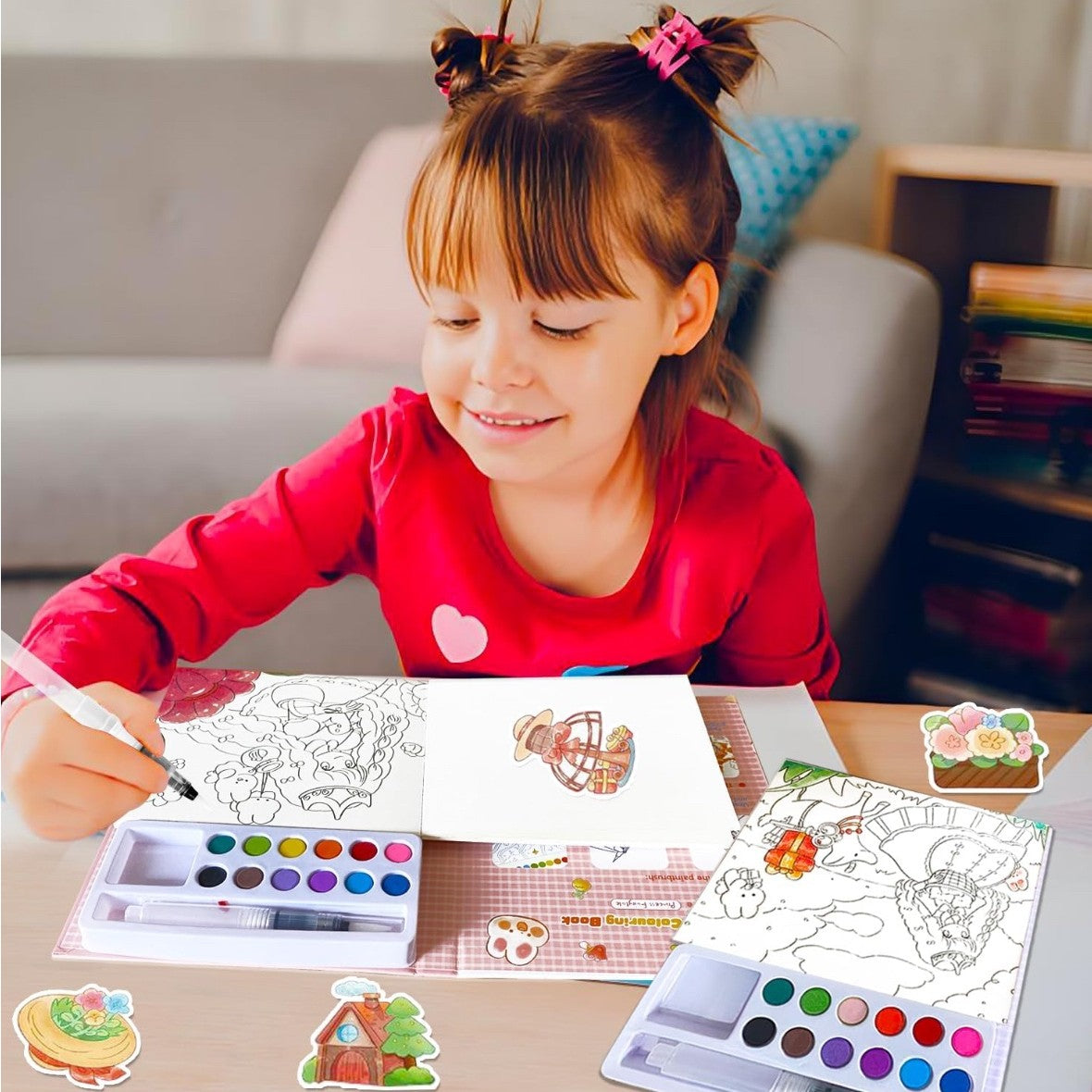 Carte de Colorat cu Acuarela pentru Copii si Incepatori, Model Balena, 20 Foi Carton 200 gsm, Include 12 Culori si Pensula cu Rezervor, 15.7 x 18.8 x 1.8 cm, Albastru