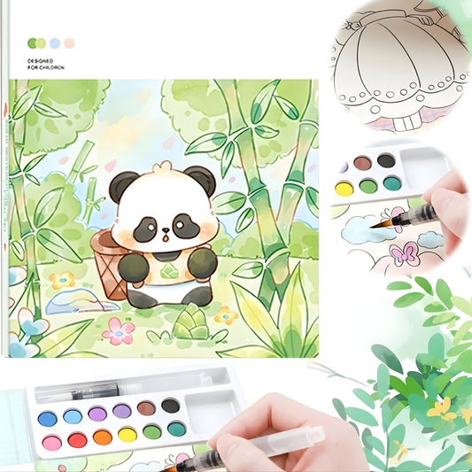 Carte de Colorat cu Acuarela, Model Panda, 20 Foi Carton 200 gsm, Include 12 Culori si Pensula cu Rezervor, 15.7 x 18.8 cm, Verde