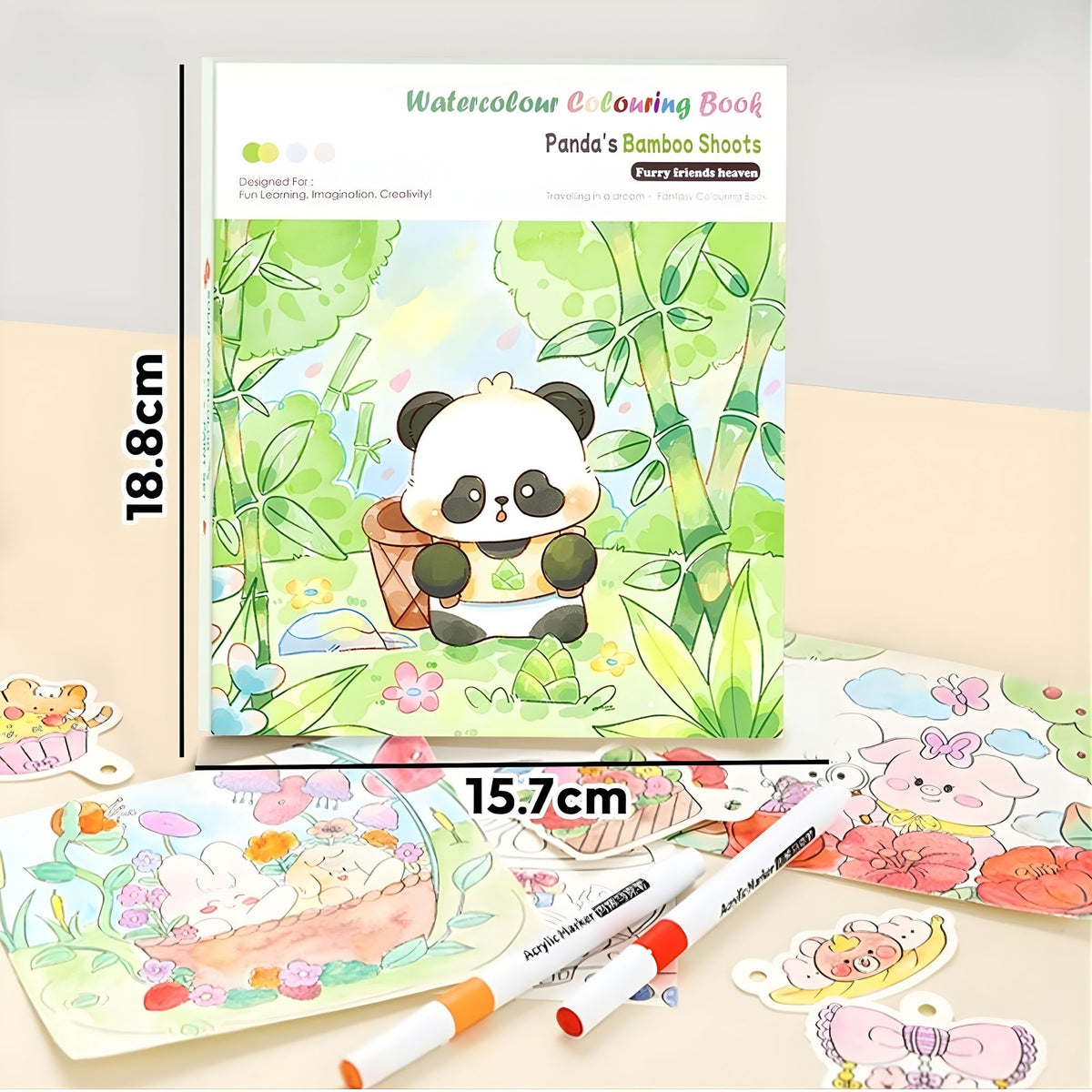 Carte de Colorat cu Acuarela, Model Panda, 20 Foi Carton 200 gsm, Include 12 Culori si Pensula cu Rezervor, 15.7 x 18.8 cm, Verde