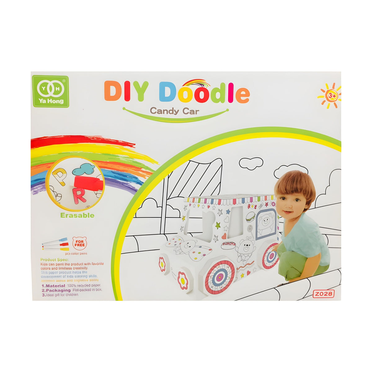 Jucarie Educativa Masinuta 3D, Set de Creatie pentru Asamblat si Colorat, Reutilizabila cu Markere Incluse, Carton, 28 x 20 cm, Varsta 3+ Ani, Alb