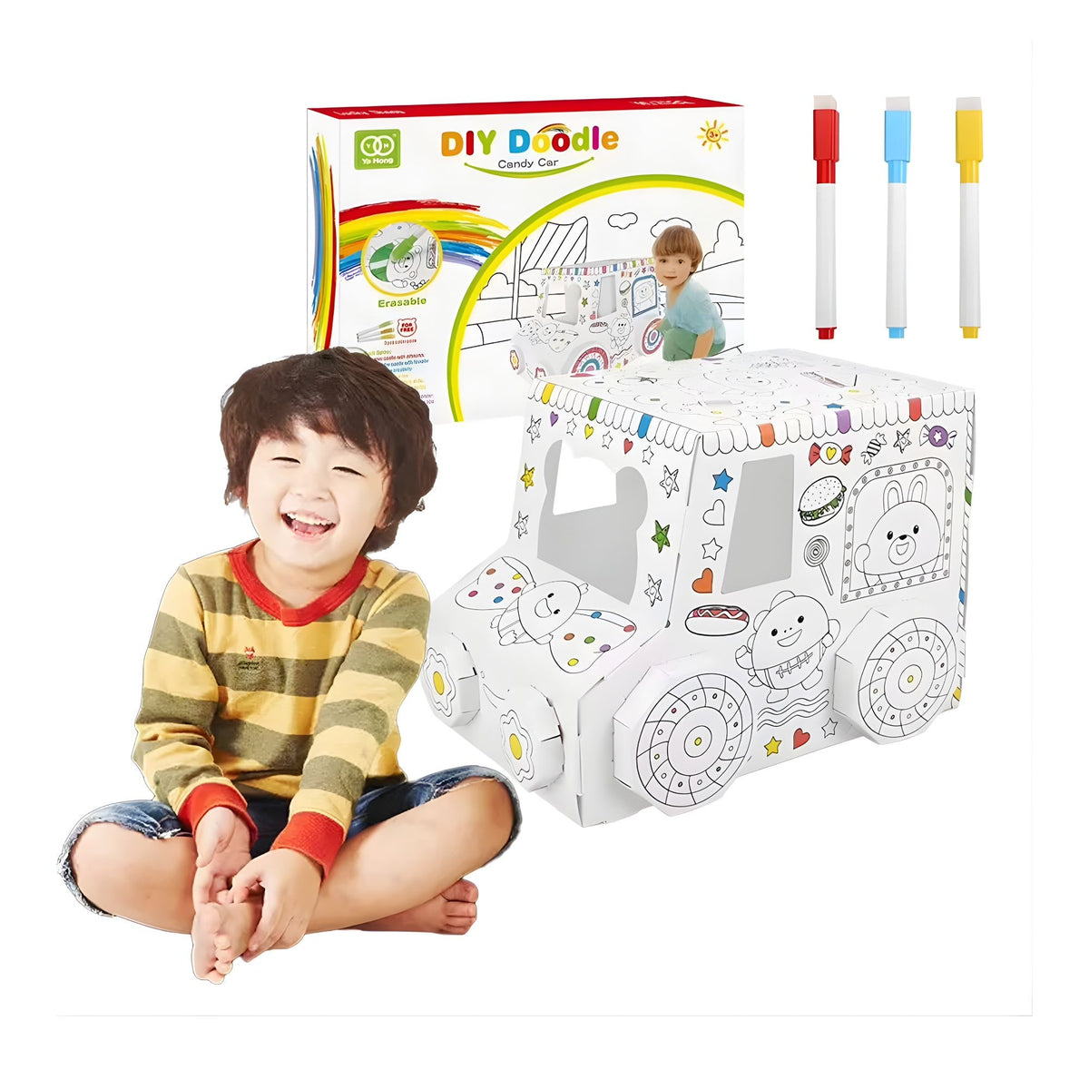 Jucarie Educativa Masinuta 3D, Set de Creatie pentru Asamblat si Colorat, Reutilizabila cu Markere Incluse, Carton, 28 x 20 cm, Varsta 3+ Ani, Alb