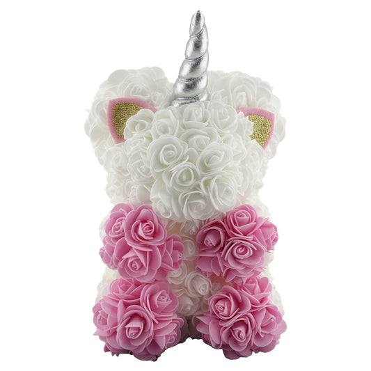 Unicorn Decorativ din Flori, Trandafiri din Spuma Realisti, Cutie Transparenta Cadou, 17 x 17 x 23 cm, Roz/Alb