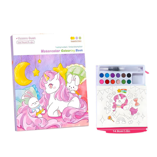 Carte de Colorat cu Acuarela pentru Copii, Model Unicorn, 20 Foi Carton 200g, include 12 Culori si Pensula cu Rezervor de Apa, 15.7 x 18.8 cm, Mov
