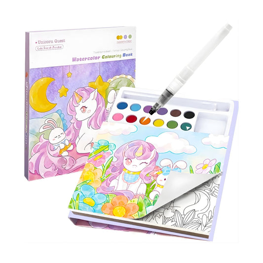 Carte de Colorat cu Acuarela pentru Copii, Model Unicorn, 20 Foi Carton 200g, include 12 Culori si Pensula cu Rezervor de Apa, 15.7 x 18.8 cm, Mov