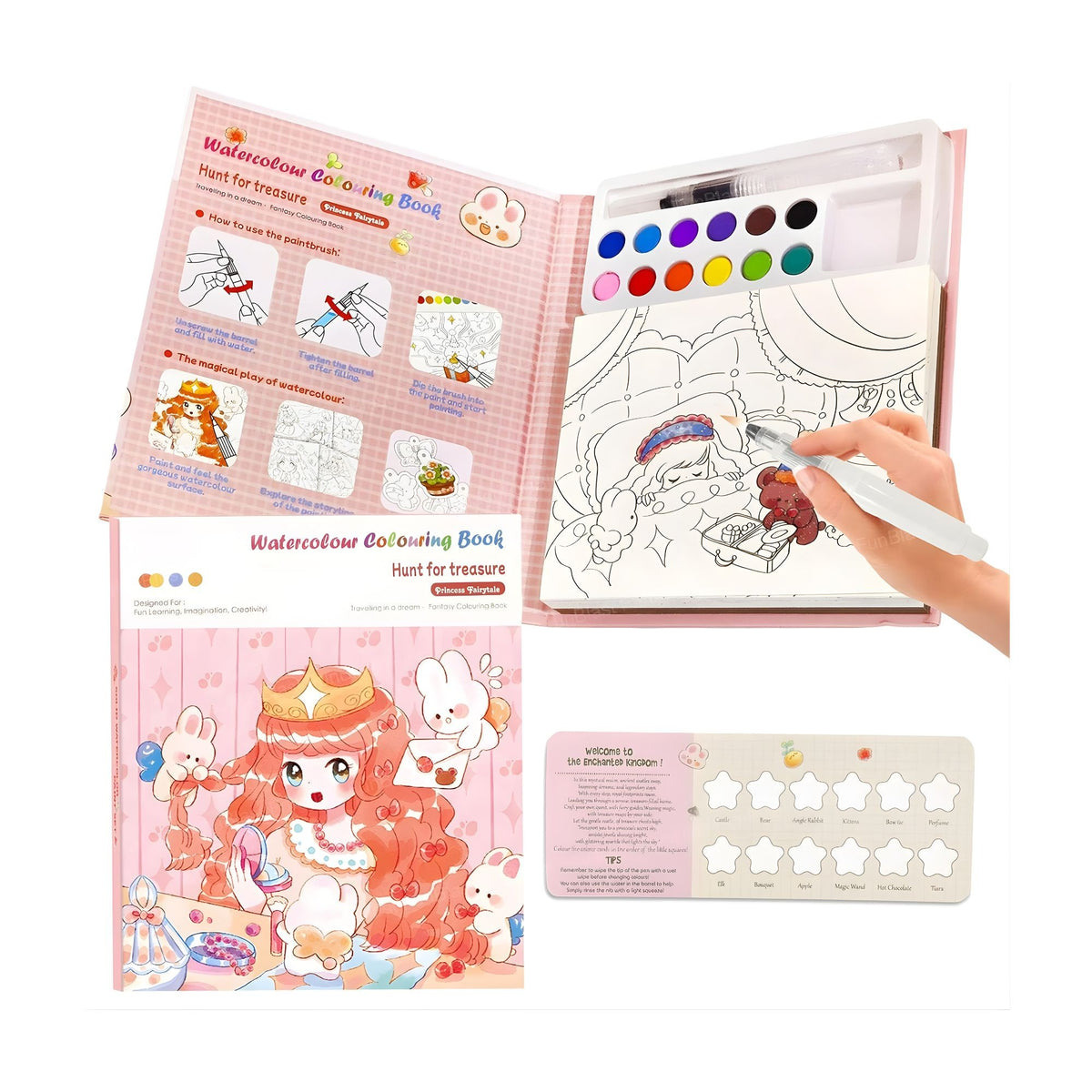 Carte de Colorat cu Acuarela, Model Printesa, Set Creativ cu 20 Foi Carton 200 gsm, Include 12 Culori si Pensula cu Rezervor, 15.7 x 18.8 cm, Roz Deschis