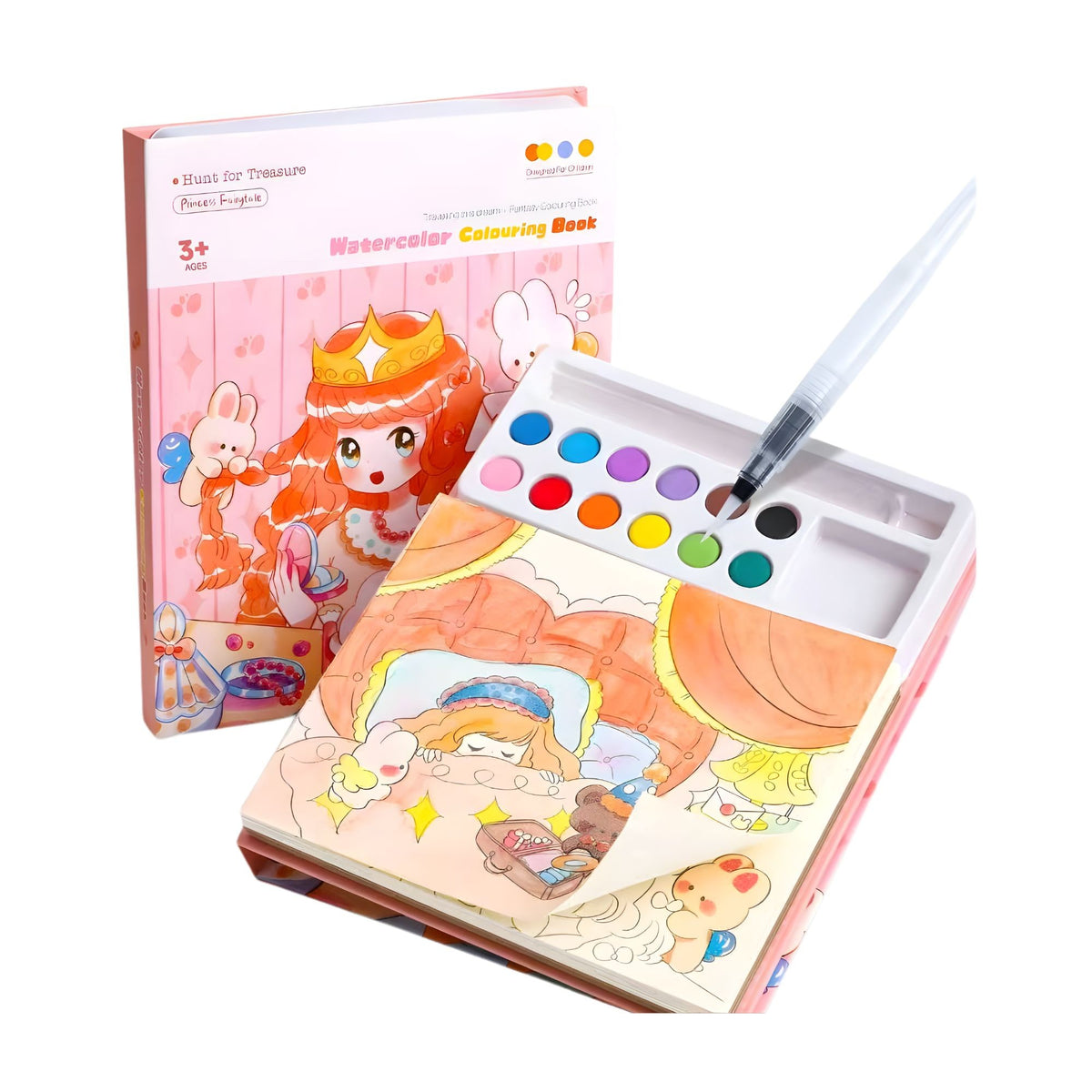 Carte de Colorat cu Acuarela, Model Printesa, Set Creativ cu 20 Foi Carton 200 gsm, Include 12 Culori si Pensula cu Rezervor, 15.7 x 18.8 cm, Roz Deschis